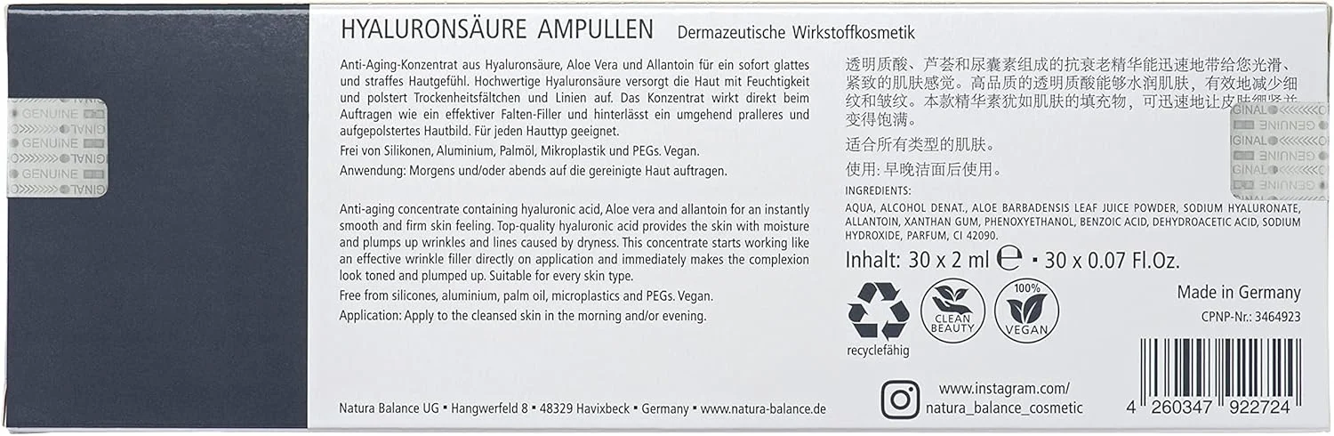 ناتورا بالانس، بسته 30 عددی آمپول هیالورونیک، ضد چروک و سفت کننده، سرم 2 میلی لیتری، مراقبت از پوست صورت، وگان، ساخت آلمان، دارای تاییدیه Dermatest 06/2019 با رتبه بسیار خوب