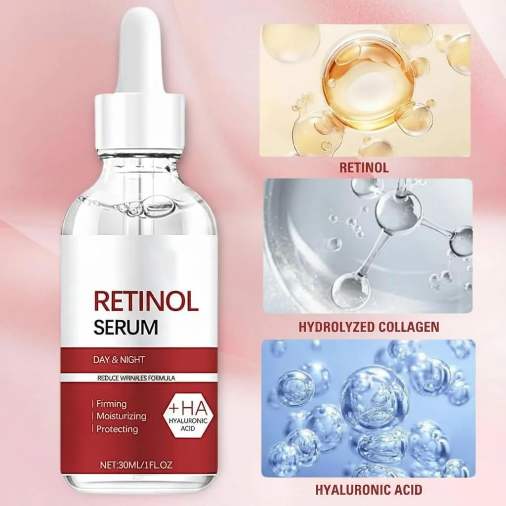 سرم صورت حاوی رتینول - سرم صورت رتینول برای کاهش چین و چروک، سرم های ضد لک برای روشن و جوان سازی پوست - سرم های حاوی هیالورونیک اسید