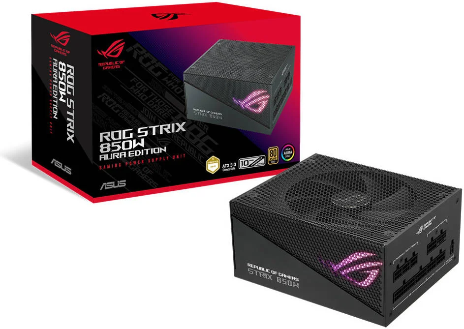 منبع تغذیه ATX مدل ROG STRIX 850W Aura Edition، گواهینامه 80 PLUS Gold، کاملاً ماژولار، فن 135 میلی‌متری Axial-tech، فناوری 0dB، PCIe Gen 5.0، نورپردازی ARGB، مشکی | 90YE00P2-B0NA00