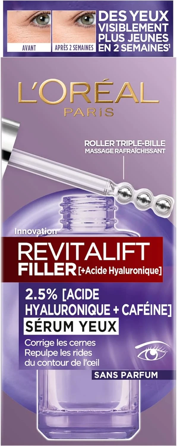 سرم دور چشم لورآل پاریس - ضد چروک، ضد پف و تیرگی دور چشم - حاوی هیالورونیک اسید خالص و کافئین - دارای اپلیکاتور نوآورانه سه غلتکی - Revitalift Filler - 20 میلی لیتر