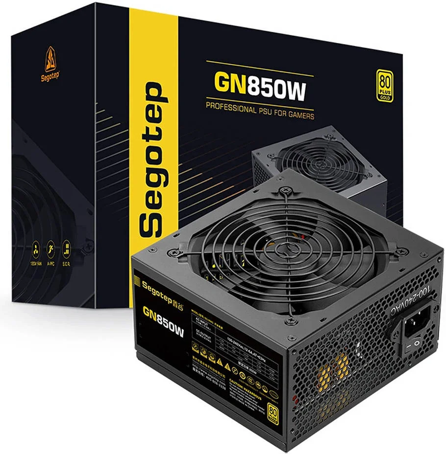 منبع تغذیه غیر ماژولار Segotep GN850W، توان خروجی 850 وات، راندمان 80 پلاس گلد، فن بلبرینگ هیدرولیک 120 میلی متری، کنترل هوشمند دمای AI Cooler، PFC فعال، مشکی | GN850W 1.3