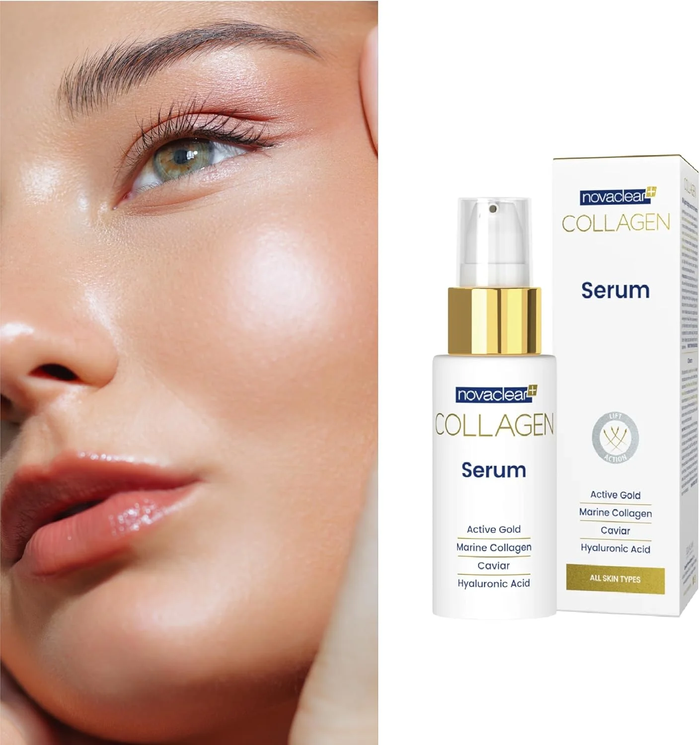 سرم کلاژن نوواکلیر - سرم صورت ضد چروک با کلاژن دریایی، طلا، اسید هیالورونیک، رتینول و ویتامین C - بهبود استحکام، خاصیت ارتجاعی و درخشندگی پوست - مناسب برای انواع پوست - 30 میلی لیتر