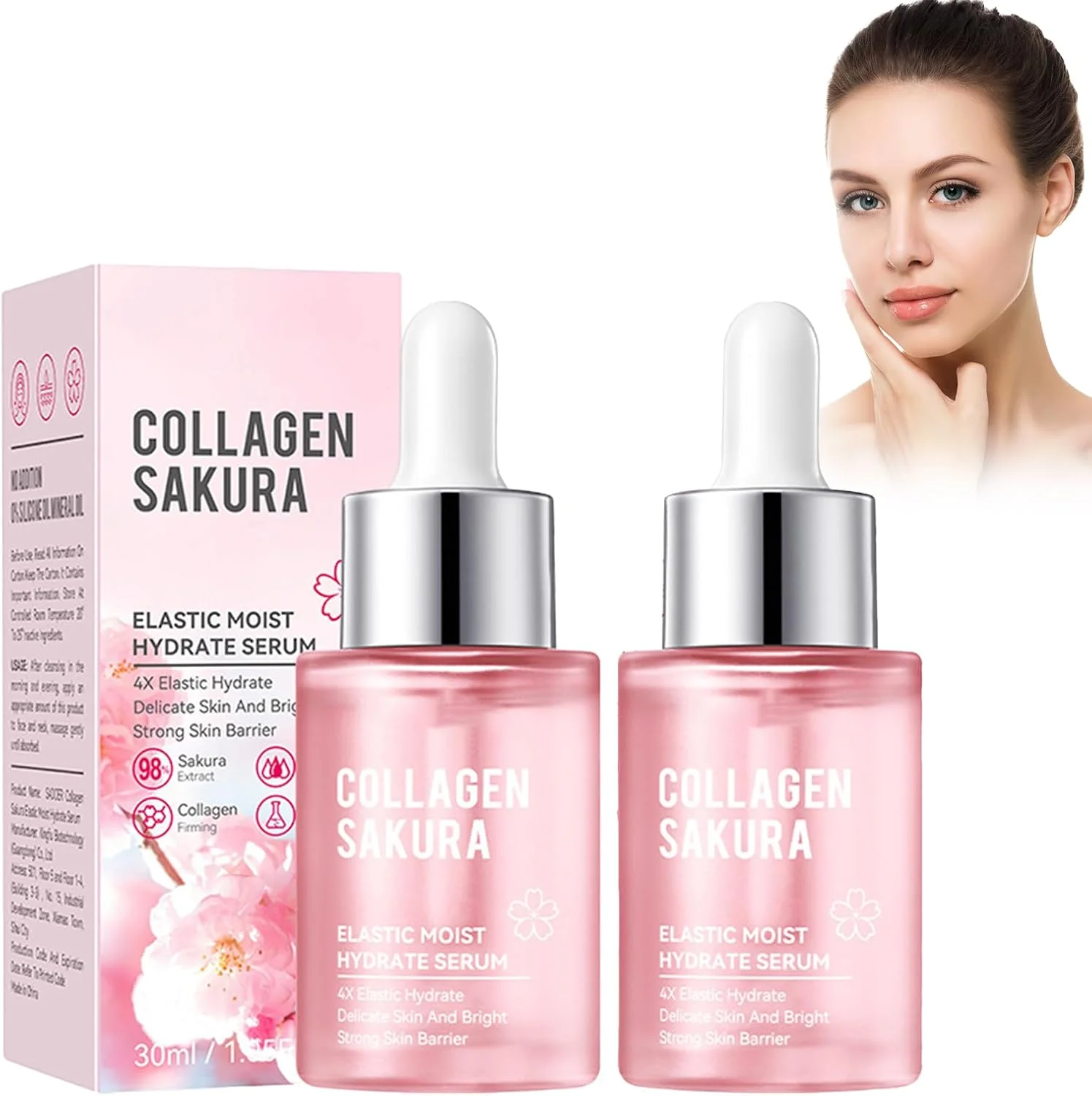 سرم کلاژن صورت، سرم ضد چروک، سرم ضد پیری صورت، اسانس طراوت بخش ساکورا، روشن کننده رنگ پوست، متعادل کننده و احیا کننده پوست، 30 میلی لیتر (2 عدد)