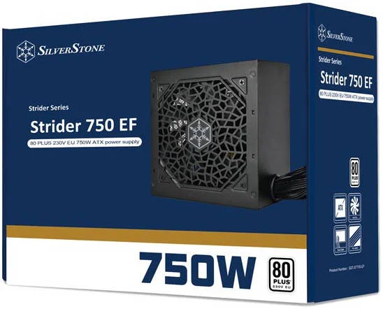 منبع تغذیه 750 وات نقره‌ای استرایدر مدل EF، دارای راندمان 80 پلاس، PFC فعال، فن بی‌صدای 120 میلی‌متری، فرم ATX (PS2)، سطح نویز 18 dBA، طول عمر 100000 ساعت، مشکی | SST-ST750-EF