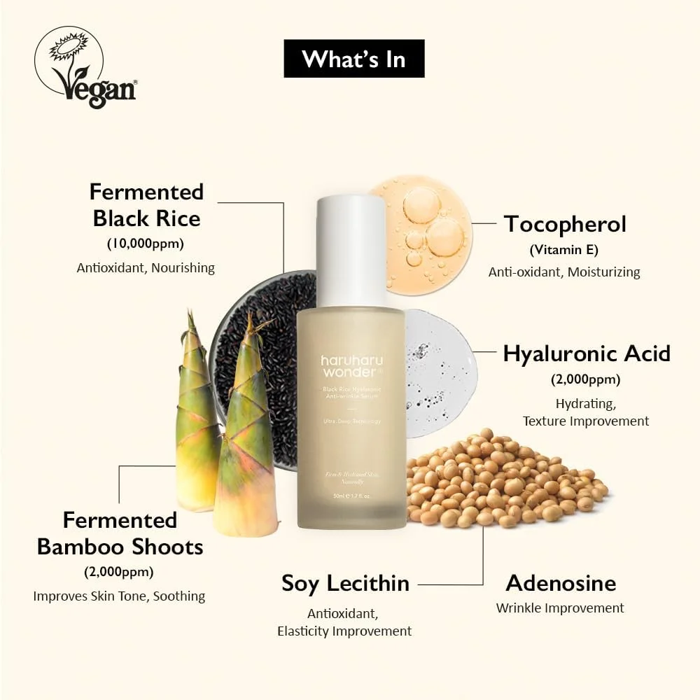 سرم ضد چروک برنج سیاه و هیالورونیک اسید هاروهارو واندر 50 میلی لیتر، حاوی عصاره برنج، ساپونین جینسینگ پاناکس و روغن دانه کاملیا برای سلول های پوستی سالم