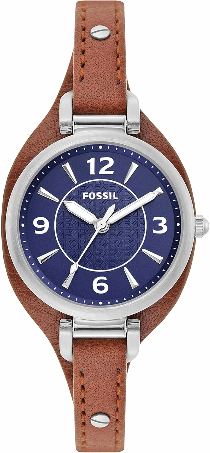 ساعت مچی زنانه فسیل مدل کارلی مینی، کوارتز، استیل ضد زنگ و چرم، نقره ای/آبی/قهوه ای، سایز آزاد، ساعت کارلی سه عقربه چرمی - ES5205