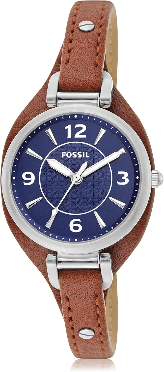 ساعت مچی زنانه فسیل مدل کارلی مینی، کوارتز، استیل ضد زنگ و چرم، نقره ای/آبی/قهوه ای، سایز آزاد، ساعت کارلی سه عقربه چرمی - ES5205
