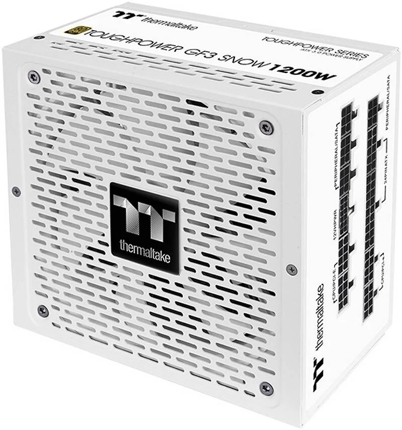 منبع تغذیه کامپیوتر ترمالتیک Toughpower GF3 Gold، تمام ماژولار، نسخه TT Premium، حداکثر توان 1200 وات، دارای گواهینامه 80 PLUS Gold، فن 140 میلی‌متری فوق‌العاده بی‌صدا، PCIe Gen 5.0 و ATX 3.0، سفید | PS-TPD-1200FNFAGE-N