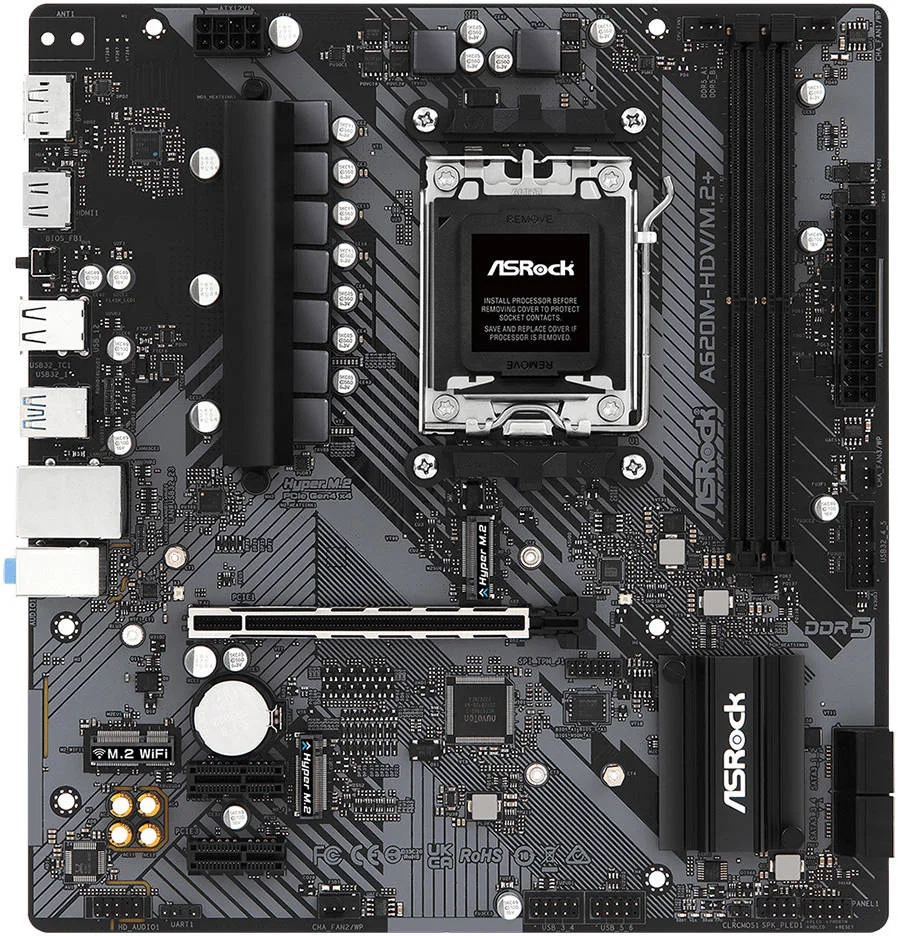مادربرد ASRock A620M-HDV/M.2+ AM5 m-ATX، چیپست AMD A620، 2 اسلات DDR5 DIMM، حداکثر حافظه 64 گیگابایت، گرافیک AMD RDNA 2، 1 PCIe 4.0 x16، HDMI، USB 3.2 Type-C، DisplayPort | 90-MXBLK0-A0UAYZ