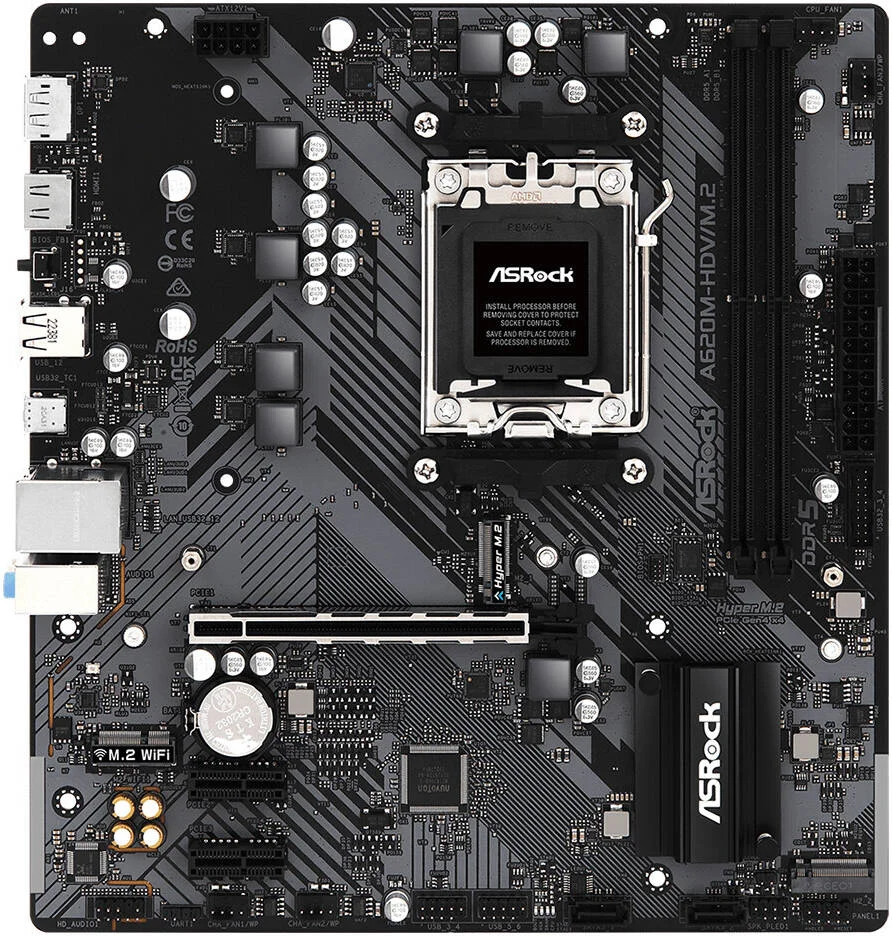 مادربرد ASRock A620M-HDV/M.2 AM5 m-ATX، چیپست AMD A620، 2 اسلات DDR5 DIMM، حداکثر حافظه 96 گیگابایت، گرافیک AMD RDNA 2، یک PCIe 4.0 x16، HDMI، USB 3.2 Type-C، DisplayPort | 90-MXBLL0-A0UAYZ