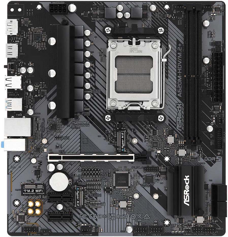 مادربرد ASRock A620M-HDV/M.2+ AM5 m-ATX، چیپست AMD A620، 2 اسلات DDR5 DIMM، حداکثر حافظه 64 گیگابایت، گرافیک AMD RDNA 2، 1 PCIe 4.0 x16، HDMI، USB 3.2 Type-C، DisplayPort | 90-MXBLK0-A0UAYZ