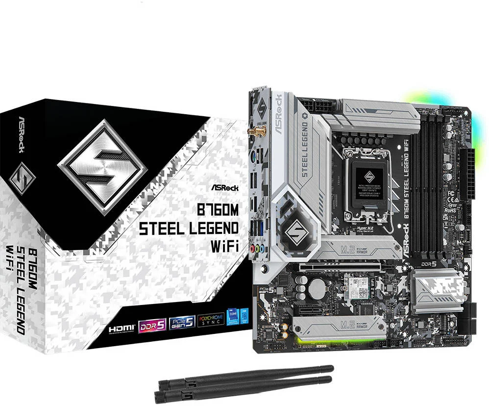 مادربرد ASRock B760M Steel Legend WiFi، فرم فاکتور Micro ATX، سوکت LGA1700، چیپست Intel B760، دارای 4 اسلات DDR5 DIMM، پشتیبانی از حداکثر 192 گیگابایت حافظه، Wi-Fi 6E، بلوتوث 5.3 | 90-MXBL70-A0UAYZ
