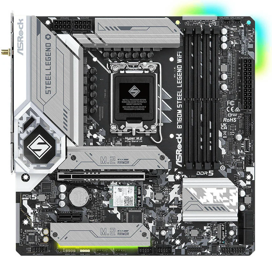 مادربرد ASRock B760M Steel Legend WiFi، فرم فاکتور Micro ATX، سوکت LGA1700، چیپست Intel B760، دارای 4 اسلات DDR5 DIMM، پشتیبانی از حداکثر 192 گیگابایت حافظه، Wi-Fi 6E، بلوتوث 5.3 | 90-MXBL70-A0UAYZ