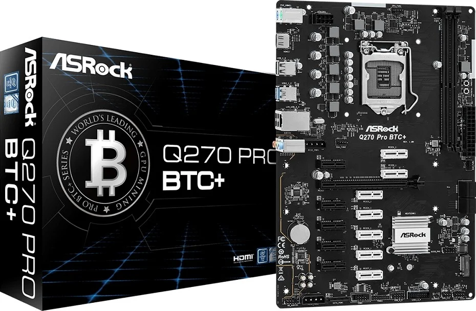 مادربرد ASRock Q270 Pro BTC+ ATX، سوکت 1151، چیپست Q270، پشتیبانی از DDR4، اینتل گیگابیت LAN، PCIe 3.0 x16، 4 SATA3 / M.2، USB 3.2 Gen1، HDMI | 90-MXBHM0-A0UAYZ