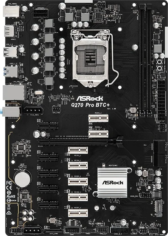 مادربرد ASRock Q270 Pro BTC+ ATX، سوکت 1151، چیپست Q270، پشتیبانی از DDR4، اینتل گیگابیت LAN، PCIe 3.0 x16، 4 SATA3 / M.2، USB 3.2 Gen1، HDMI | 90-MXBHM0-A0UAYZ