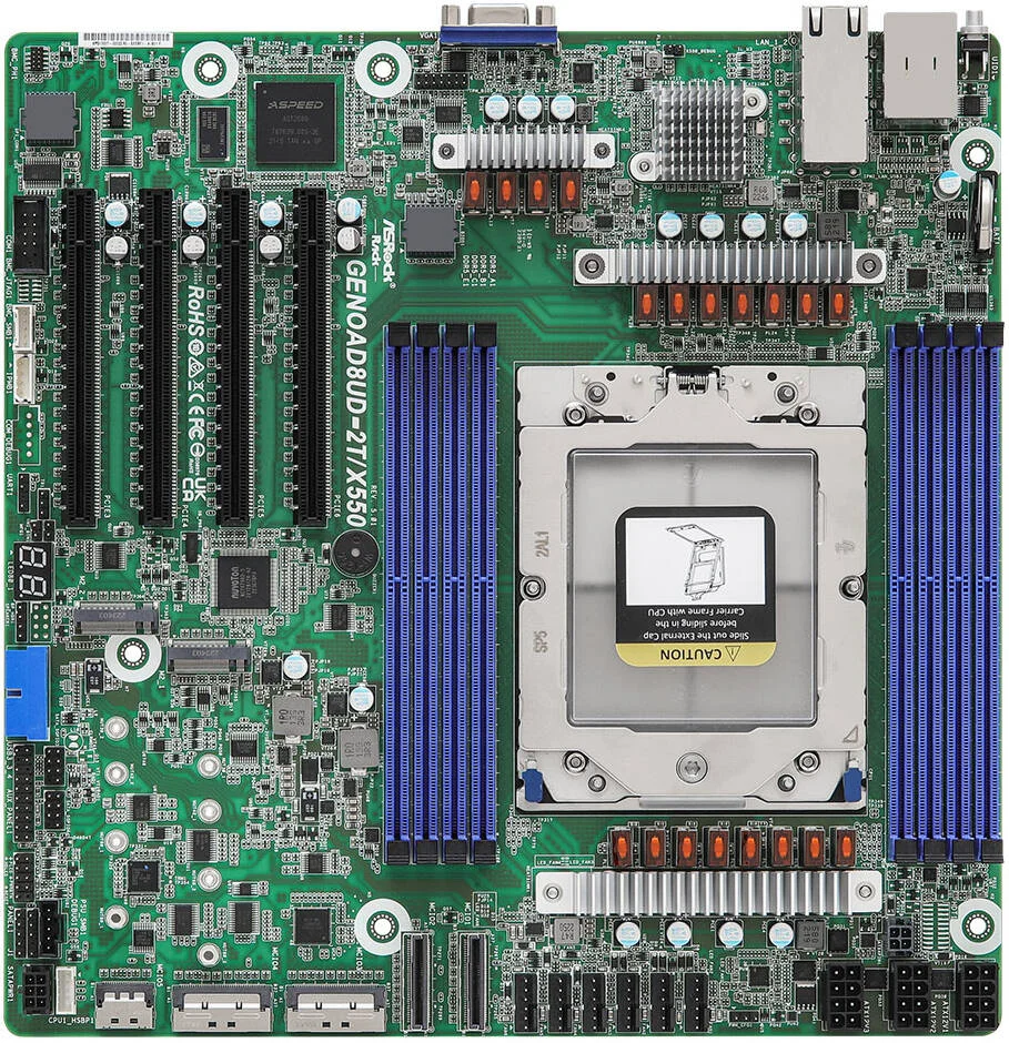 مادربرد سرور AsRock Rack GENOAD8UD-2T/X550 Deep Micro-ATX، تک سوکت SP5 (LGA 6096)، 8 اسلات DDR5 DIMM حداکثر 512 گیگابایت، دو LAN 10G، PCIe5.0 x4 | GENOAD8UD-2T/X550