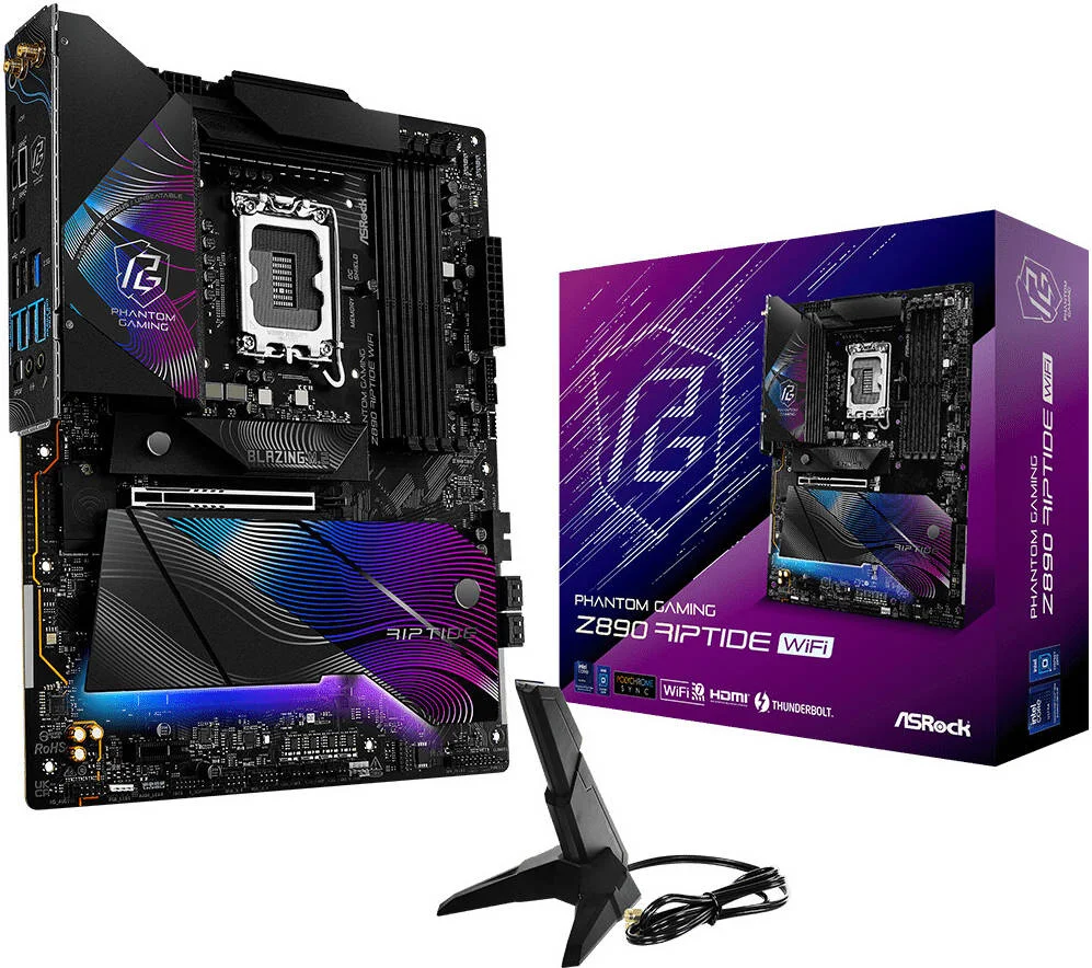 مادربرد ASRock Z890 Riptide WiFi LGA 1851 ATX، چیپست Intel Z890، دارای 4 اسلات DDR5 DIMM، حداکثر حافظه 256 گیگابایت، 2 اسلات PCIe x16، 5 اسلات M.2، قابلیت اتصال WiFi و BT | 90-MXBPB0-A0UAYZ