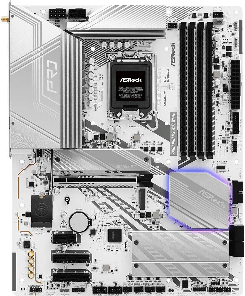 مادربرد ASRock Z890 Pro RS WiFi LGA 1851 ATX، چیپست Intel Z890، 4 اسلات DIMM DDR5، حداکثر حافظه 256 گیگابایت، 1 اسلات PCIe x16، 4 اسلات M.2، اتصال WiFi و BT، سفید | 90-MXBQC0-A0UAYZ