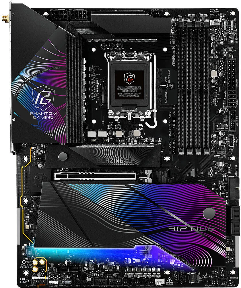 مادربرد ASRock Z890 Riptide WiFi LGA 1851 ATX، چیپست Intel Z890، دارای 4 اسلات DDR5 DIMM، حداکثر حافظه 256 گیگابایت، 2 اسلات PCIe x16، 5 اسلات M.2، قابلیت اتصال WiFi و BT | 90-MXBPB0-A0UAYZ