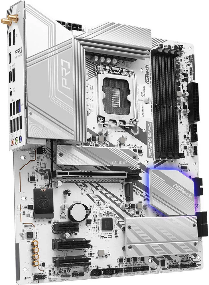 مادربرد ASRock Z890 Pro RS WiFi LGA 1851 ATX، چیپست Intel Z890، 4 اسلات DIMM DDR5، حداکثر حافظه 256 گیگابایت، 1 اسلات PCIe x16، 4 اسلات M.2، اتصال WiFi و BT، سفید | 90-MXBQC0-A0UAYZ