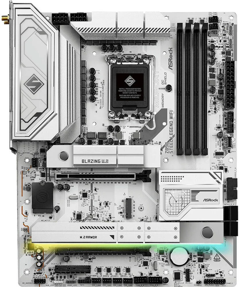 مادربرد ASRock Z890 Steel Legend WiFi LGA 1851 ATX، دارای 4 اسلات DDR5 DIMM، حداکثر حافظه 256 گیگابایت، اسلات PCIe 5.0 x16، 4 سوکت M.2، اتصال WiFi و BT | 90-MXBPF0-A0UAYZ