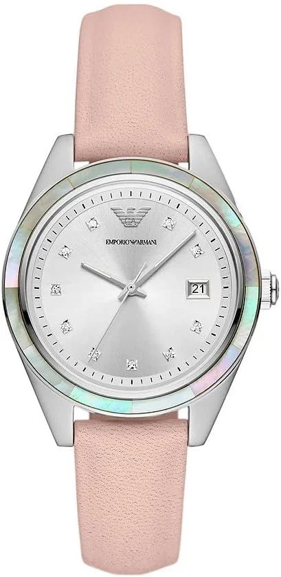 ساعت مچی سه عقربه تاریخ‌دار امپوریو آرمانی با بند چرمی صورتی - AR11547