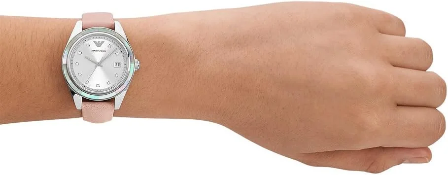 ساعت مچی سه عقربه تاریخ‌دار امپوریو آرمانی با بند چرمی صورتی - AR11547