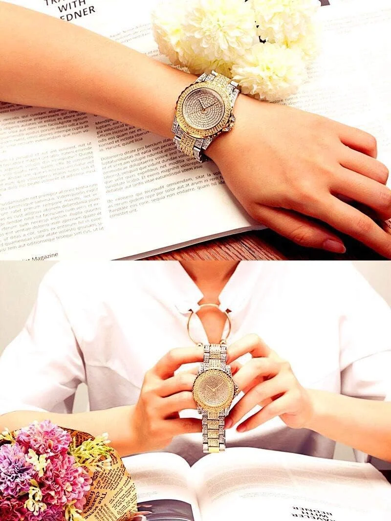 ساعت مچی زنانه لوکس ELECDON با نگین های درخشان و موتور کوارتز، صفحه نگین دار و بدنه استیل ضد زنگ ساعت مچی زنانه لوکس ELECDON با نگین های درخشان و موتور کوارتز، صفحه نگین دار و بدنه استیل ضد زنگ