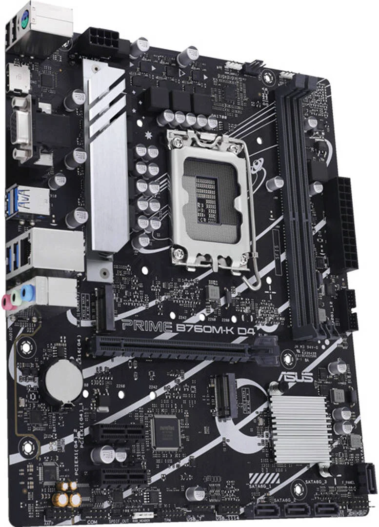 مادربرد ASUS PRIME B760M-K D4 LGA 1700 Micro-ATX، دو اسلات DDR4 DIMM، حداکثر حافظه 64 گیگابایت، PCIe 4.0 x16، Realtek 2.5Gb Ethernet، HDMI، VGA، USB 3.2 Gen 1، Aura Sync | 90MB1DS0-M1EAY0