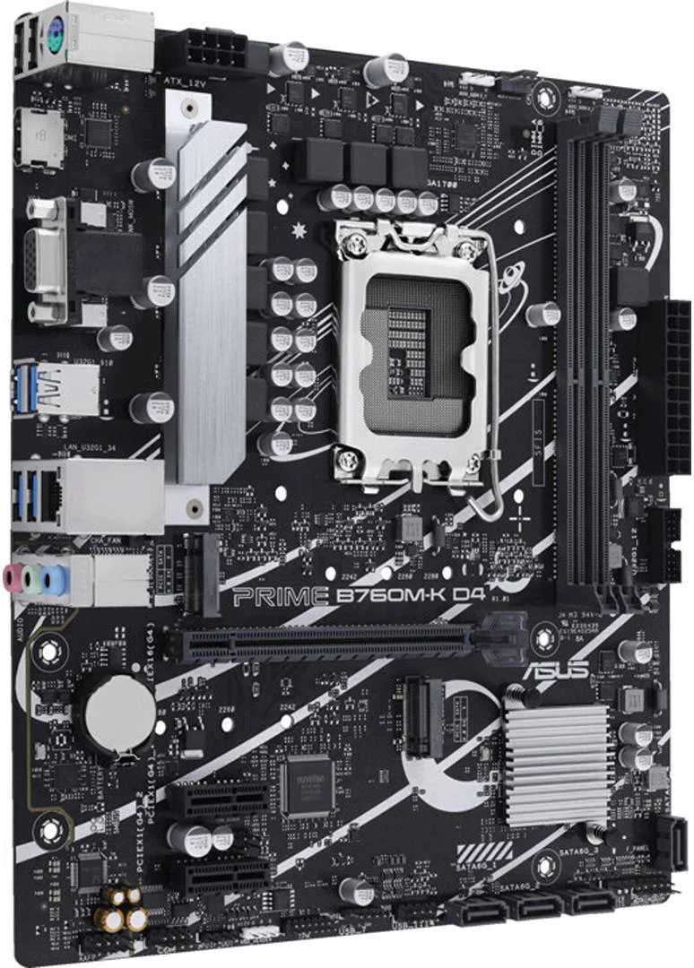 مادربرد ASUS PRIME B760M-K D4 LGA 1700 Micro-ATX، دو اسلات DDR4 DIMM، حداکثر حافظه 64 گیگابایت، PCIe 4.0 x16، Realtek 2.5Gb Ethernet، HDMI، VGA، USB 3.2 Gen 1، Aura Sync | 90MB1DS0-M1EAY0 مادربرد ASUS PRIME B760M-K D4 LGA 1700 Micro-ATX، دو اسلات DDR4 DIMM، حداکثر حافظه 64 گیگابایت، PCIe 4.0 x16، Realtek 2.5Gb Ethernet، HDMI، VGA، USB 3.2 Gen 1، Aura Sync | 90MB1DS0-M1EAY0