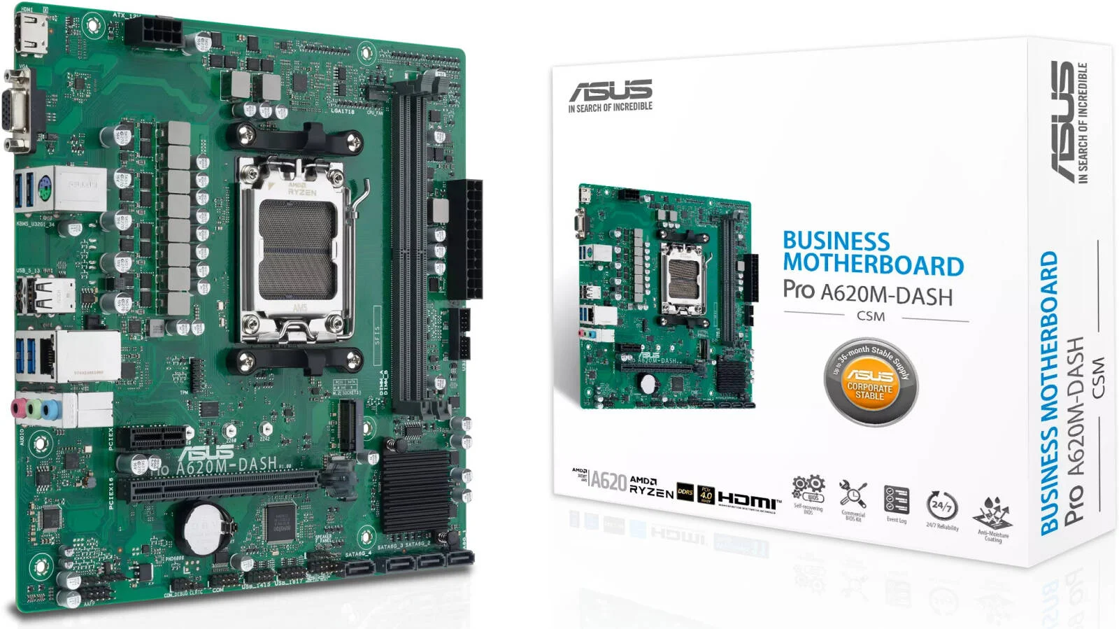 مادربرد ASUS Pro A620M-DASH-CSM Micro-ATX AM5 AMD، چیپست AMD A620، 2 اسلات DDR5 DIMM، حداکثر حافظه 96 گیگابایت، 1 اسلات M.2، PCIe 4.0 x16، Realtek 8111EPV Gigabit LAN | 90MB1GD0-M0EAYC