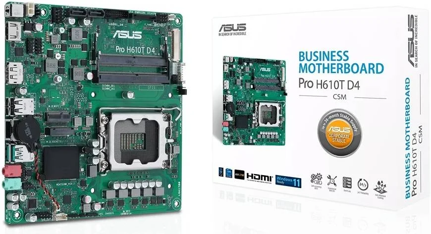 مادربرد تجاری ASUS Pro H610T D4-CSM LGA 1700 Mini-ITX، چیپست Intel H610، دو کاناله DDR4-3200، کنترلر صوتی Realtek 7.1 کاناله، 2xSATA III/1xM.2، DP/HDMI و LVDS | 90MB1AM0-M0EAYC