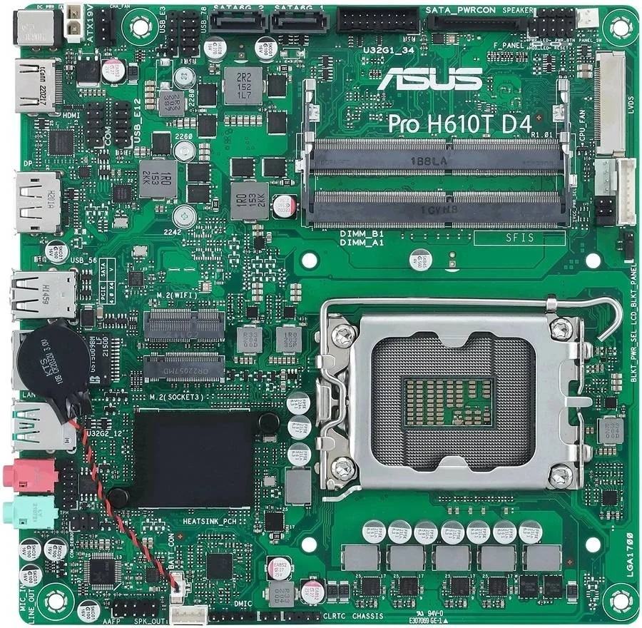 مادربرد تجاری ASUS Pro H610T D4-CSM LGA 1700 Mini-ITX، چیپست Intel H610، دو کاناله DDR4-3200، کنترلر صوتی Realtek 7.1 کاناله، 2xSATA III/1xM.2، DP/HDMI و LVDS | 90MB1AM0-M0EAYC