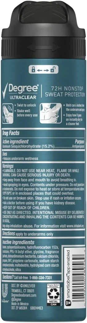 اسپری ضد تعریق مردانه Degree Men UltraClear Black + White، محافظت در برابر لکه‌های ضد تعریق، با فناوری MotionSense، 107 گرم (بسته 3 عددی)