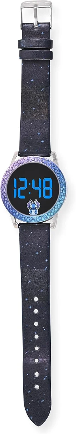 ساعت دیجیتال بچگانه دیزنی استیچ با نمایشگر LED، قاب کریستالی درخشان، بند چرمی PU طرح ستاره، نمایشگر زمان فعال با لمس، طرح سرگرم کننده استیچ، اندازه قابل تنظیم برای مچ دست 5.5 تا 8 اینچ