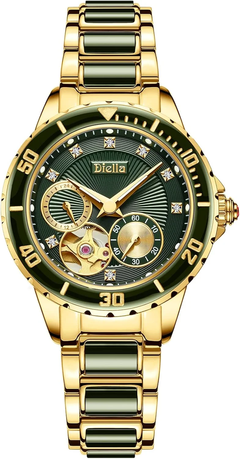 ساعت مچی مکانیکی زنانه دیلا، ساعت مچی اسکلتون لوکس زنانه با بند استیل و سنگ یشم، طلایی، ضد آب، خودکار، صفحه گرد، نمایشگر شب تاب (مدل: AD6025L)