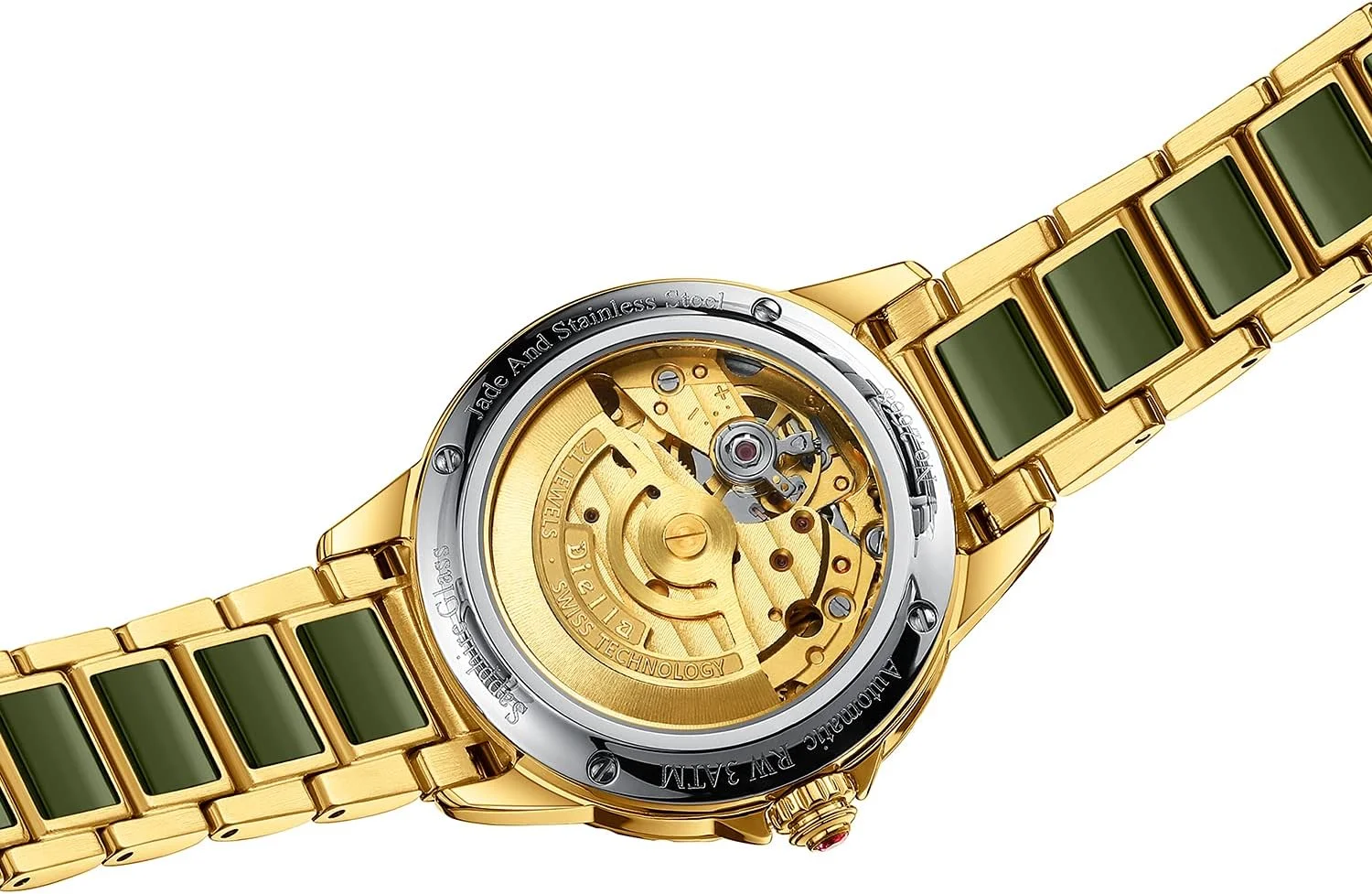 ساعت مچی مکانیکی زنانه دیلا، ساعت مچی اسکلتون لوکس زنانه با بند استیل و سنگ یشم، طلایی، ضد آب، خودکار، صفحه گرد، نمایشگر شب تاب (مدل: AD6025L)