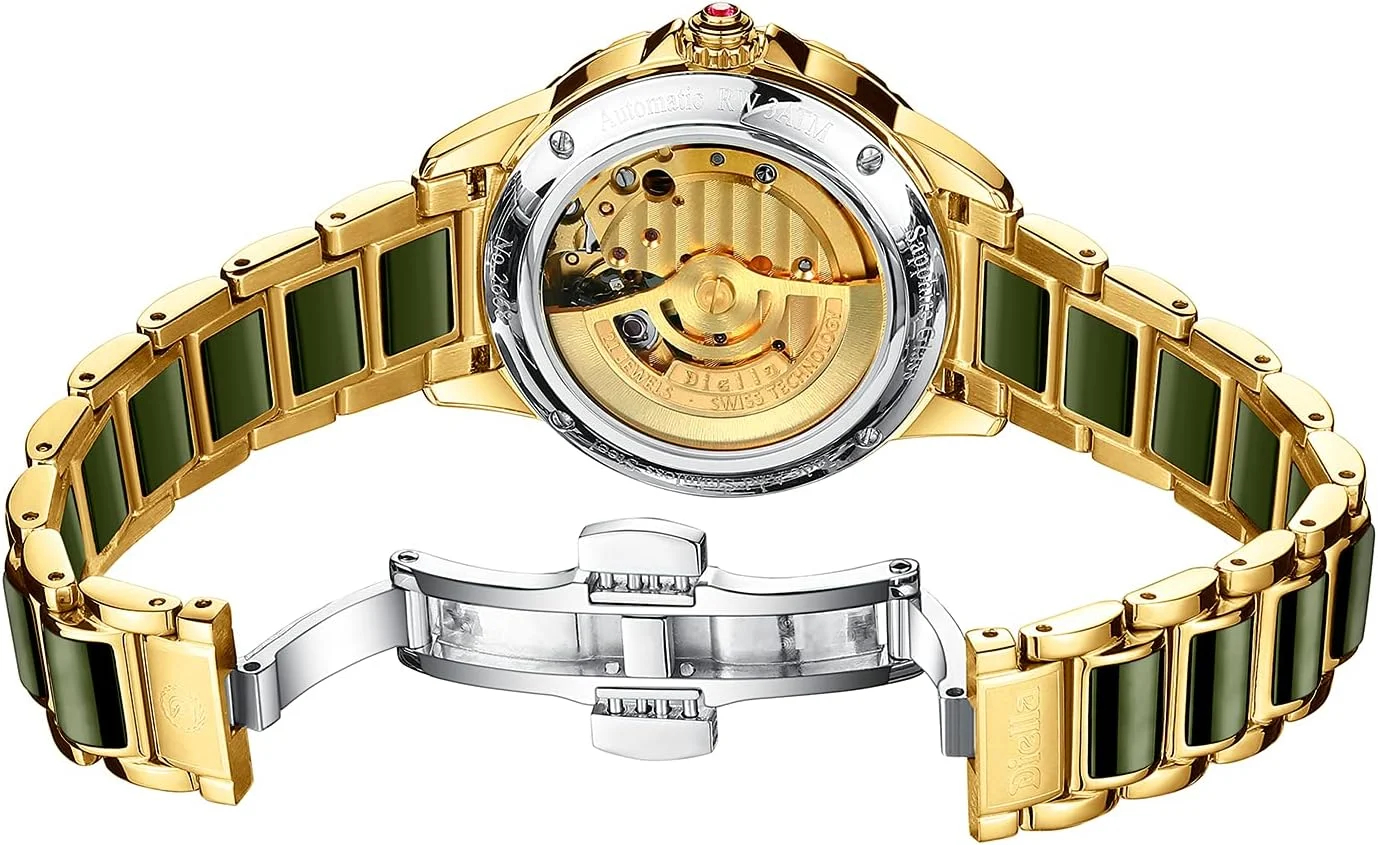 ساعت مچی مکانیکی زنانه دیلا، ساعت مچی اسکلتون لوکس زنانه با بند استیل و سنگ یشم، طلایی، ضد آب، خودکار، صفحه گرد، نمایشگر شب تاب (مدل: AD6025L)