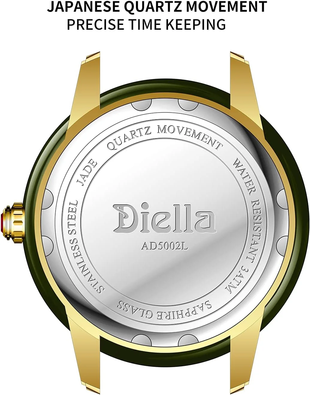 ساعت مچی کوارتز زنانه دیلا با بند چرمی، یشم سبز تیره و استیل ضد زنگ طلایی/نقره ای ضد آب مناسب برای مجالس (AD5002L)