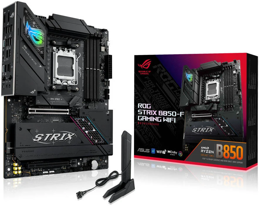 مادربرد گیمینگ ASUS ROG Strix B850-F WiFi AM5 ATX، چیپست AMD B850، چهار اسلات DIMM DDR5، حداکثر حافظه 192 گیگابایت، یک اسلات PCIe 5.0 x16 SafeSlot، چهار اسلات M.2، اتصال WiFi و BT | 90MB1J70-M0EAY0
