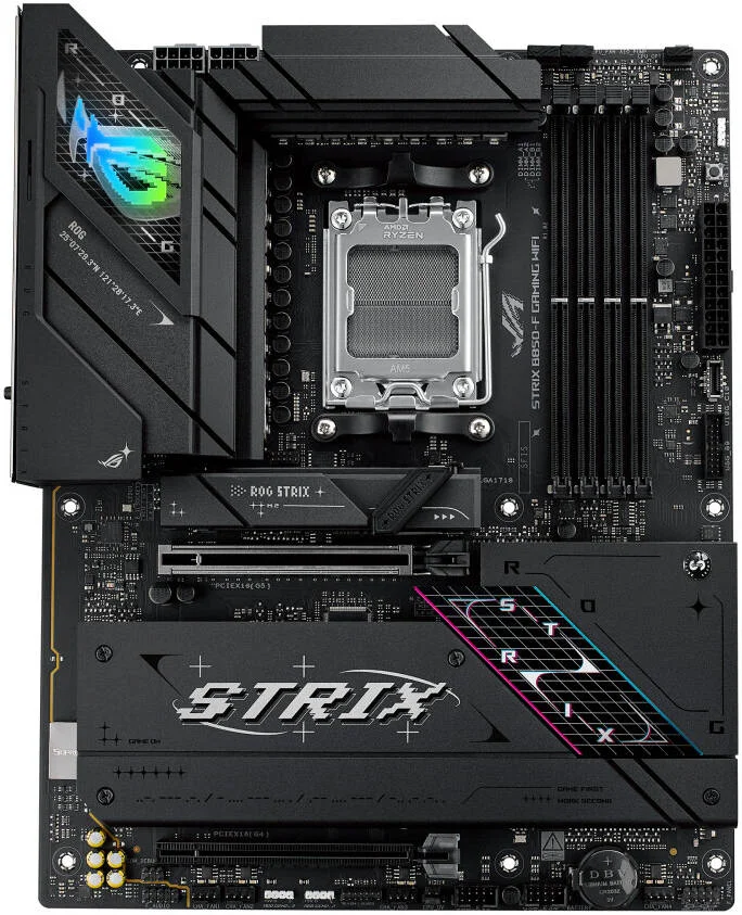 مادربرد گیمینگ ASUS ROG Strix B850-F WiFi AM5 ATX، چیپست AMD B850، چهار اسلات DIMM DDR5، حداکثر حافظه 192 گیگابایت، یک اسلات PCIe 5.0 x16 SafeSlot، چهار اسلات M.2، اتصال WiFi و BT | 90MB1J70-M0EAY0