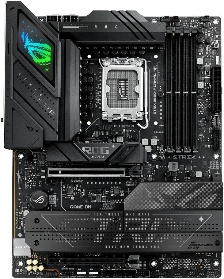 مادربرد ASUS ROG Strix B860-F Gaming WiFi LGA 1851 ATX، چیپست Intel B860، 4 اسلات DIMM DDR5، حداکثر حافظه 256 گیگابایت، 1 اسلات PCIe 5.0 x16 SafeSlot، 4 اسلات M.2، WiFi و BT | 90MB1JG0-M0EAY0