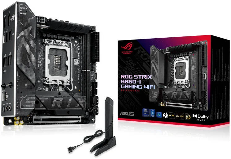 مادربرد ASUS ROG Strix B860-I Gaming WiFi LGA 1851 Mini-ITX، چیپست Intel B860، 2 اسلات DIMM DDR5، حداکثر حافظه 128 گیگابایت، 1 عدد PCIe 5.0 x16، 2 عدد اسلات M.2، اتصال WiFi و BT | 90MB1JB0-M0EAY0