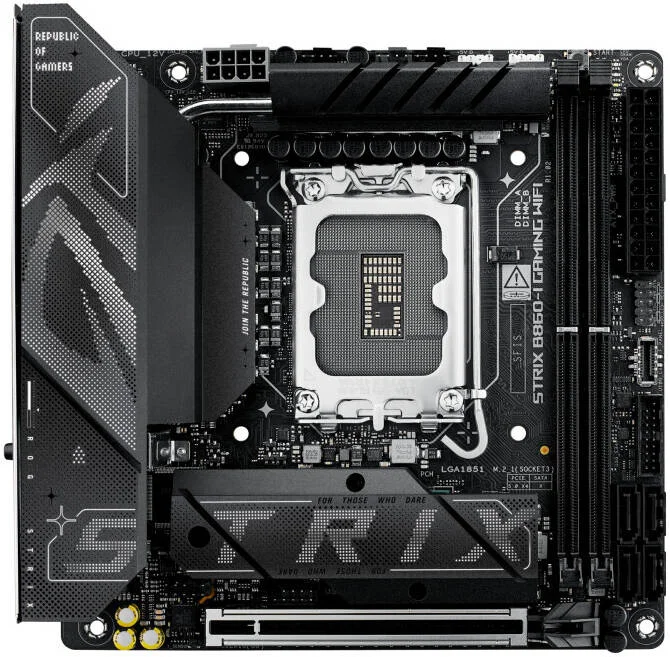 مادربرد ASUS ROG Strix B860-I Gaming WiFi LGA 1851 Mini-ITX، چیپست Intel B860، 2 اسلات DIMM DDR5، حداکثر حافظه 128 گیگابایت، 1 عدد PCIe 5.0 x16، 2 عدد اسلات M.2، اتصال WiFi و BT | 90MB1JB0-M0EAY0