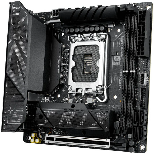 مادربرد ASUS ROG Strix B860-I Gaming WiFi LGA 1851 Mini-ITX، چیپست Intel B860، 2 اسلات DIMM DDR5، حداکثر حافظه 128 گیگابایت، 1 عدد PCIe 5.0 x16، 2 عدد اسلات M.2، اتصال WiFi و BT | 90MB1JB0-M0EAY0