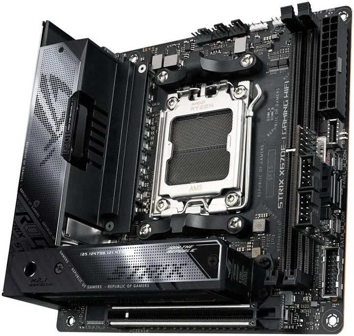ASUS Rog Strix X670E-I Gaming Wifi Mini-ITX Motherboard, AMD AM5 Socket, AMD X670 Chipset, 2xDIMM, Max 64GB DDR5, WiFi 6E 6GHz, 2xM.2 Slots,1xPCIe 5x16, 1x HDMI/2xUSB4 | 90MB1B70-M0EAY0