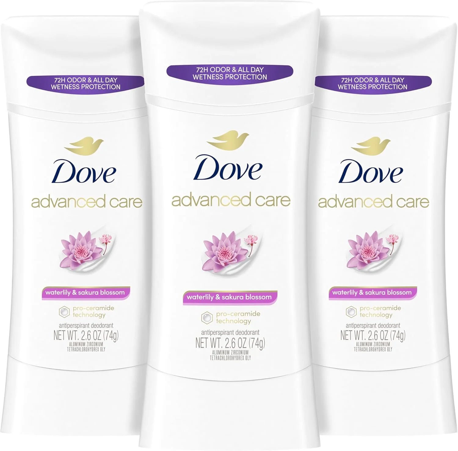 استیک ضد تعریق و خوشبو کننده بدن زنانه داو با رایحه نیلوفر آبی و شکوفه ساکورا، محافظت 48 ساعته در برابر تعریق زیر بغل و زیر بغل های نرم و راحت، 74 گرم، 3 عدد، مجموع 222 گرم