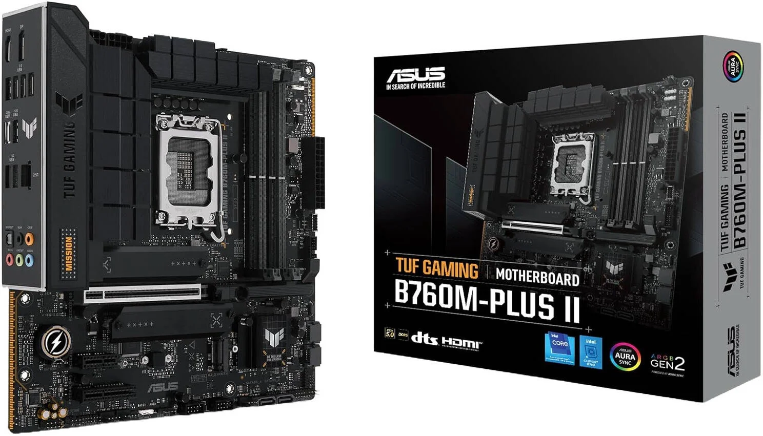 مادربرد ASUS TUF Gaming B760M-Plus II Micro-ATX LGA 1700، چیپست Intel B760، دارای 4 اسلات DIMM DDR5، حداکثر حافظه 192 گیگابایت، 3 اسلات M.2، 1 اسلات PCIe 5.0 x16، اترنت Realtek 2.5Gb | 90MB1HD0-M0EAY0