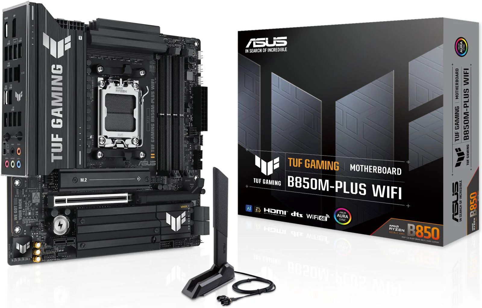 مادربرد ASUS TUF Gaming B850M-Plus Wi-Fi AM5 Micro-ATX، چیپست AMD B850، 4 اسلات DIMM DDR5، حداکثر حافظه 192 گیگابایت، 1 اسلات PCIe 5.0 x16 SafeSlot، 3 اسلات M.2، Wi-Fi و BT | 90MB1IY0-M0EAY0