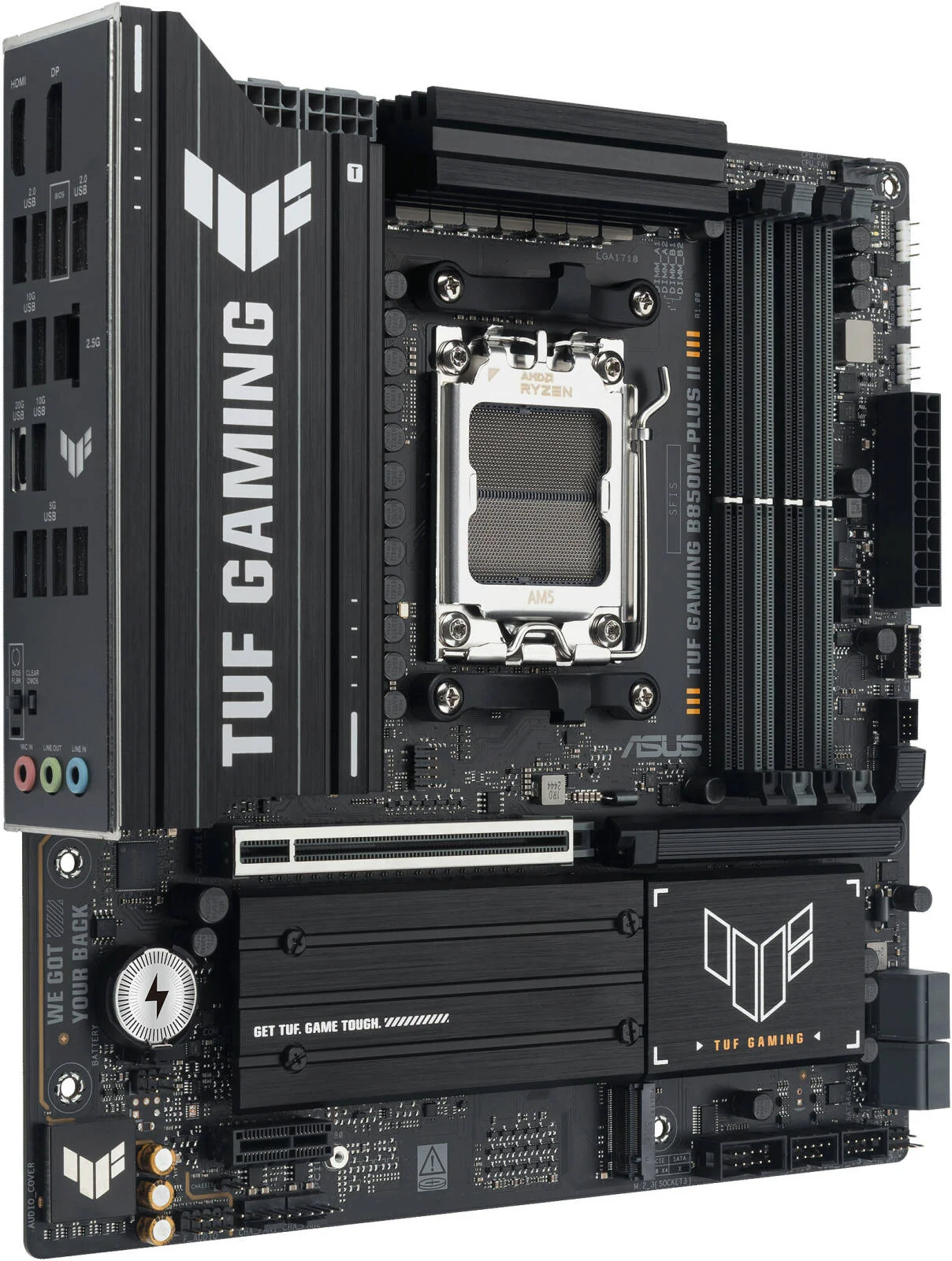 مادربرد ایسوس TUF GAMING B850M-PLUS II AM5 Micro-ATX، چیپست AMD B850، 4 اسلات DDR5 DIMM، حداکثر حافظه 256 گیگابایت، 1 اسلات PCIe 5.0 x16 SafeSlot، 3 اسلات M.2 | 90MB1MT0-M0EAY0